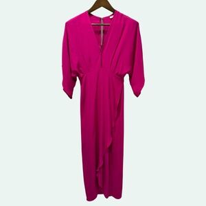 Jaline Silk Fuchsia Ruffle Midi Dress Resort Wedding Guest Made in USA Size XS